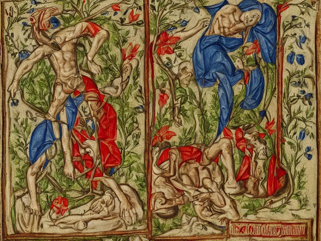 Image similar to man getting out of his grave. book of hours painting.