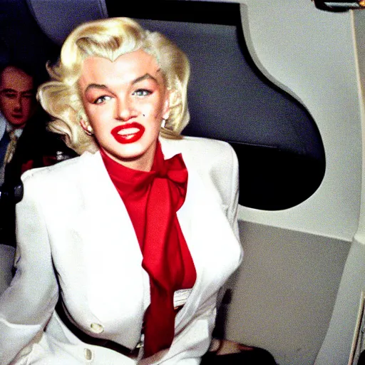 Prompt: DSLR 35mm film photography of marilyn monroe as a flight attendant in 1998