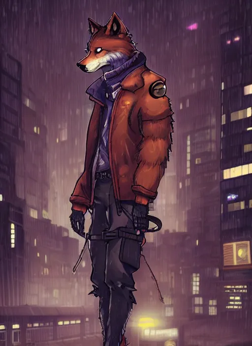 Prompt: character portrait of a male anthro wolf fursona with a tail and a cute beautiful attractive furry face wearing stylish cyberpunk clothes in a cyberpunk city at night while it rains. hidari, color page, tankoban, 4K, tone mapping, Akihiko Yoshida.