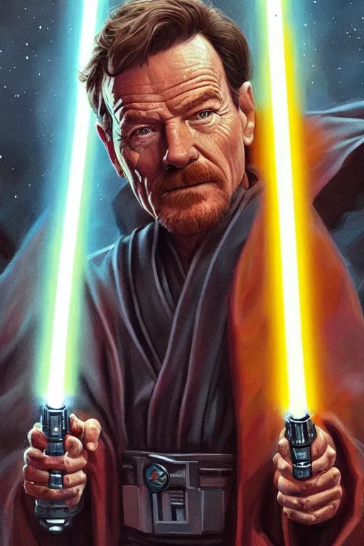 Prompt: Bryan Cranston as a Jedi Master wielding a lightsaber, looking at the viewer, detailed face, high contrast, highly detailed, digital painting, sharp focus, trending on artstation, masterpiece, concept art, illustration, Star Wars art, art by greg hildebrandt and clayton crain