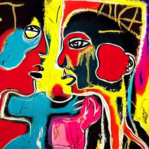 Image similar to beautiful painting of two bizarre psychedelic women kissing each other closeup in a cafe in japan, speculative evolution, mixed media collage by basquiat and jackson pollock, magazine collage art, sapphic art, lesbian art