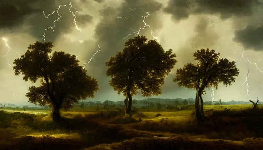 Image similar to A beautiful, highly-detailed oil painting of a rainy landscape; with lightning striking a lonely oak tree