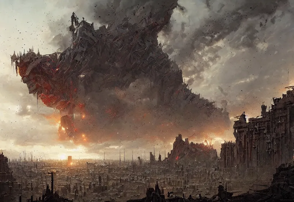 Prompt: The fall of the American Empire, epic painting by James Gurney and Greg Rutkowski, cinematic, horror