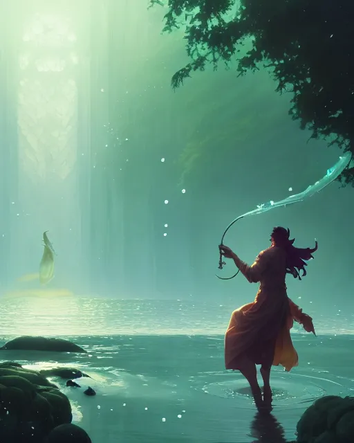 Image similar to highly detailed vfx portrait of a mage casting a water spell, unreal engine, greg rutkowski, loish, rhads, beeple, makoto shinkai and lois van baarle, ilya kuvshinov, rossdraws, tom bagshaw, alphonse mucha, global illumination, detailed and intricate environment