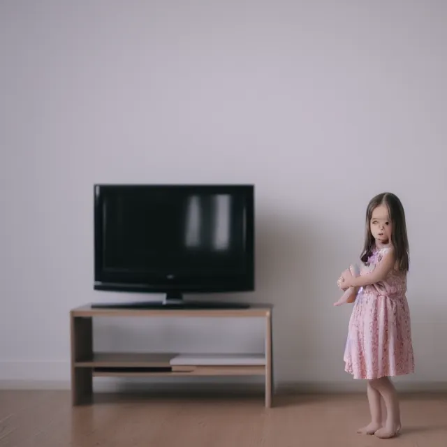 Prompt: a cute little girl in the center of a clean room, static, centered focus, bleak lighting, obscure, low quality TV video effect, photography, footage