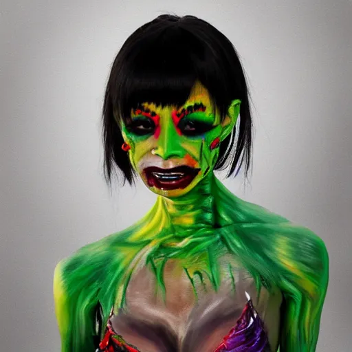 Prompt: bai ling wearing zombie bodypaint, hyper realistic, sharp focus, 4k, digital painting