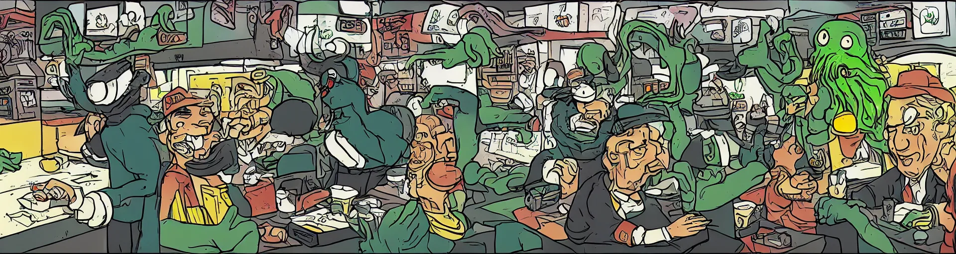 Image similar to Cthulhu working at McDonalds because he lost all of his money leverage trading bitcoin, mike judge art style, 90s mtv illustration