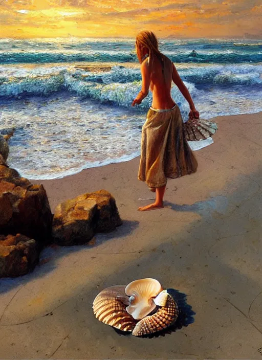 Image similar to she sells sea shells by the sea shore; painting by Jon foster.