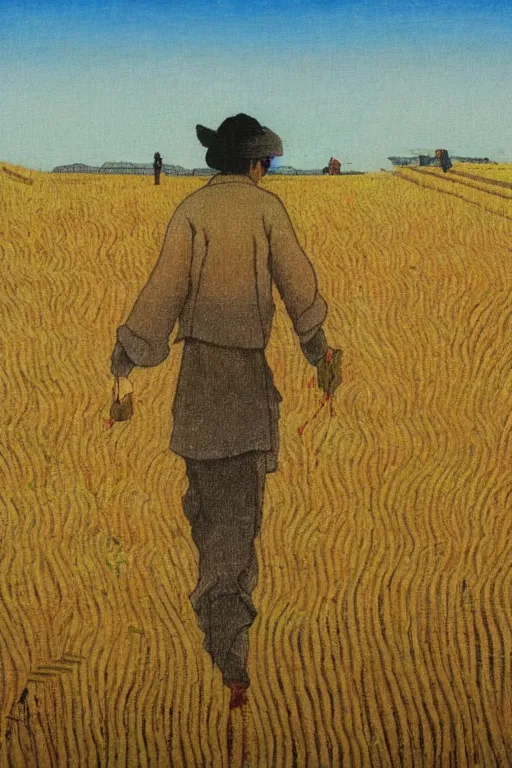 Image similar to cat farmer, walking in the wheat field, nature landscape on the background, fenghua zhong, sharp deep, oil art