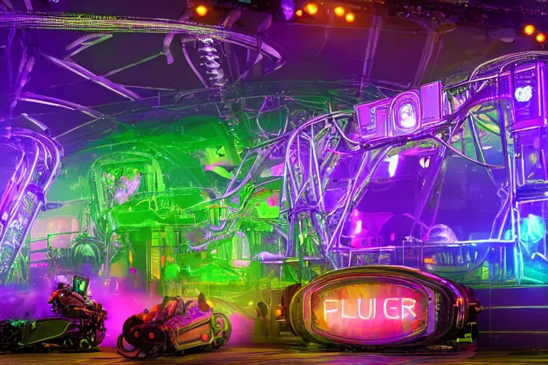 Prompt: an outdoor festival stage, big neon letters tripmachine, center of the stage is a big futuristic steampunk rollercoaster machine with a shiny steamtrain, rock musicians on the stage, laser show, 8 k, fluorescent colors, halluzinogenic, multicolored, exaggerated detailed, unreal engine