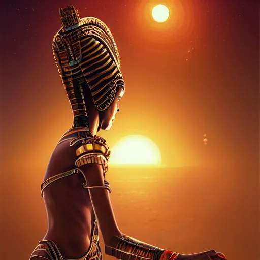 Image similar to highly detailed portrait of an african egyptian goddess, intricate alien technology, stephen bliss, unreal engine, fantasy art by greg rutkowski, loish, rhads, ferdinand knab, makoto shinkai and lois van baarle, ilya kuvshinov, rossdraws, tom bagshaw, global illumination, radiant light, detailed and intricate environment