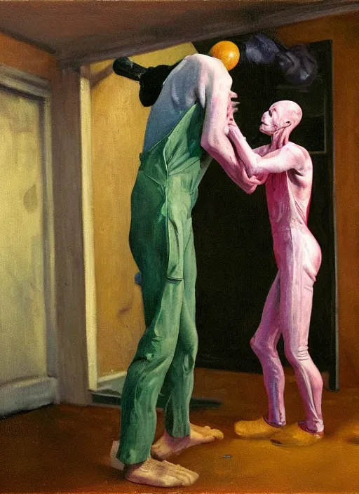 Image similar to an expressive skinny artist wearing overalls physically fighting with a ghost, inside a grand studio, depth of field, hauntingly surreal, highly detailed oil painting, by francis bacon, edward hopper, adrian ghenie, glenn brown, soft light 4 k, green and pink colour palette, cinematic composition, cinematic lighting, high quality octane render, masterpiece