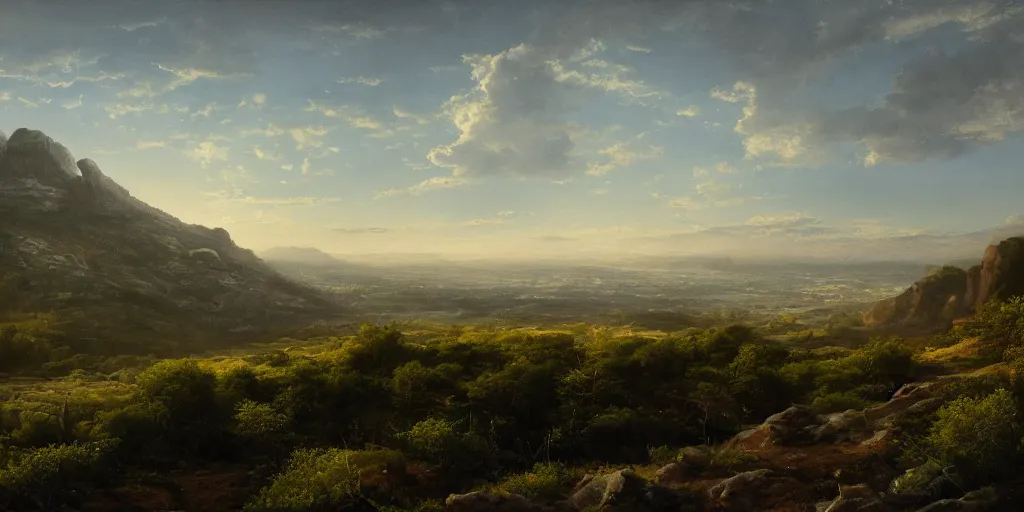 Image similar to a breathtaking landscape from a hilltop, cinematic lighting, detailed oil painting, hyperrealistic, 8k