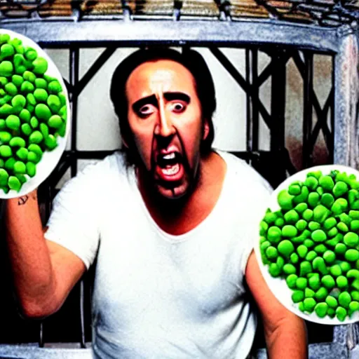 Image similar to nicolas cage trapped in a wicker cage upset with a mouth full of peas