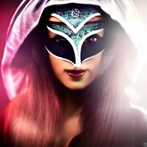 Image similar to sci - fi, fantasy arabian woman with mask, portrait photo, studio light, hdr, commercial shot, dark background, futuristic, luxury