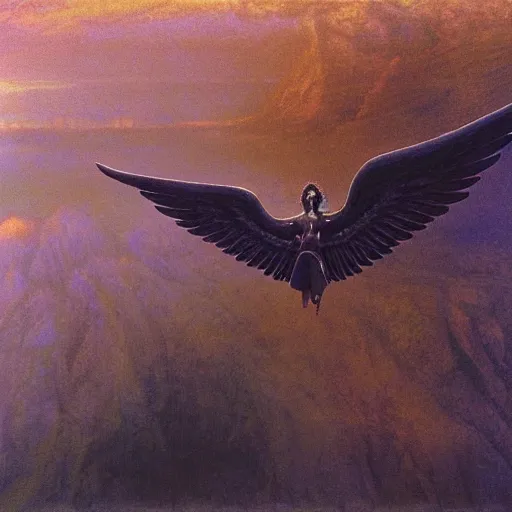 Prompt: a oil painting of a bibical angel over a fantasy valley, 4 k, high detail, by beksinski