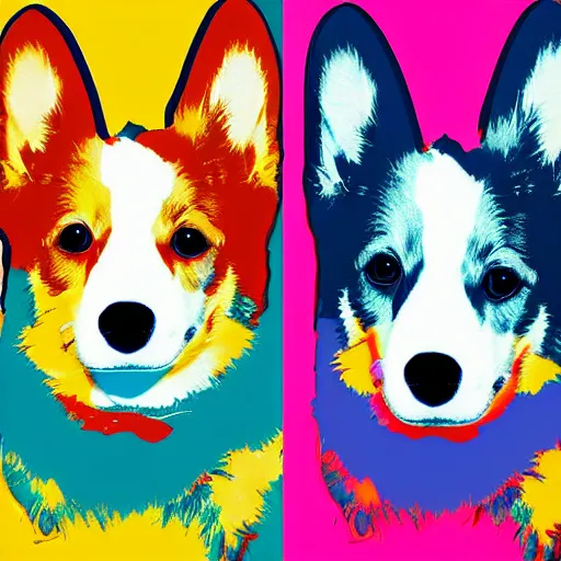 Prompt: corgi digital art in the style andy warhol, similar in design to marilyn diptych, high saturation, colorful, many different colors