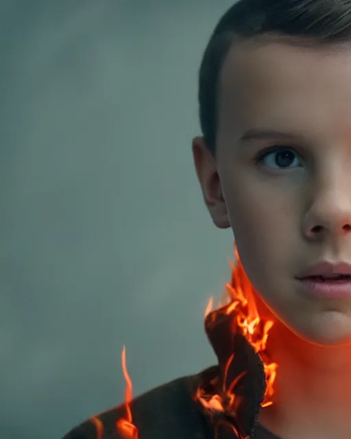 Image similar to Millie Bobby Brown made of fire, cinematic