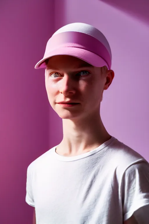 Prompt: a high definition film photograph of a normal androgynous robot human wearing a plain white t - shirt, in a pastel pink room. happy. bulky visor covering eyes. crushed shadows.