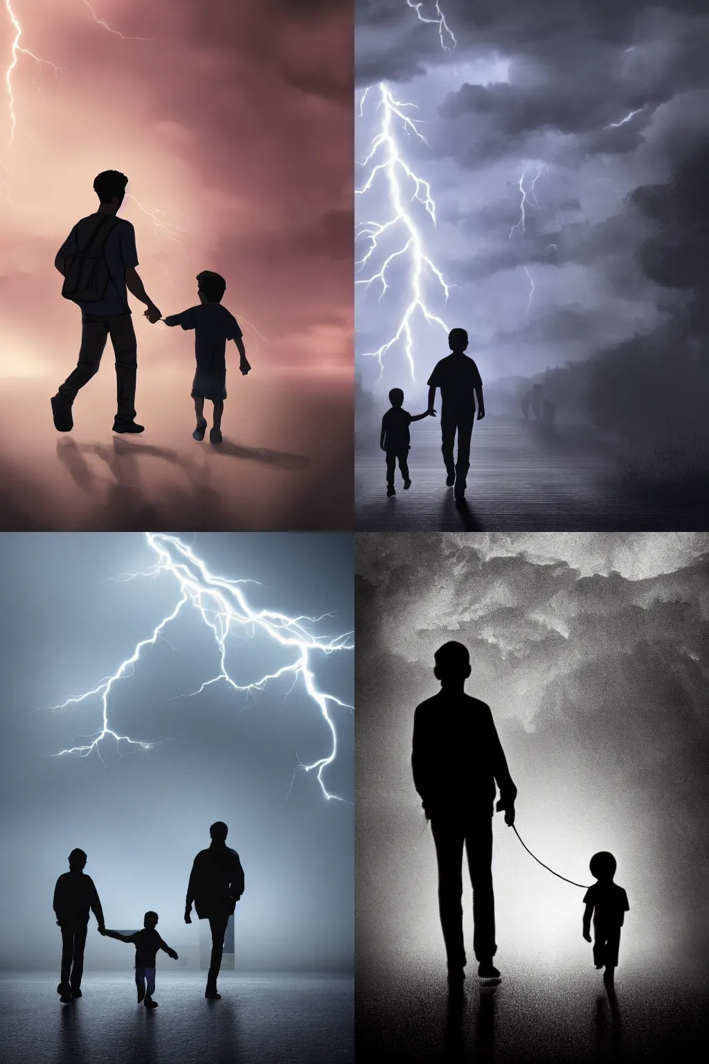 Prompt: a kid walking with his father in silhoutte,because the kid miss his dad, concept art, dramatic lightning, 4k, trending on artstation