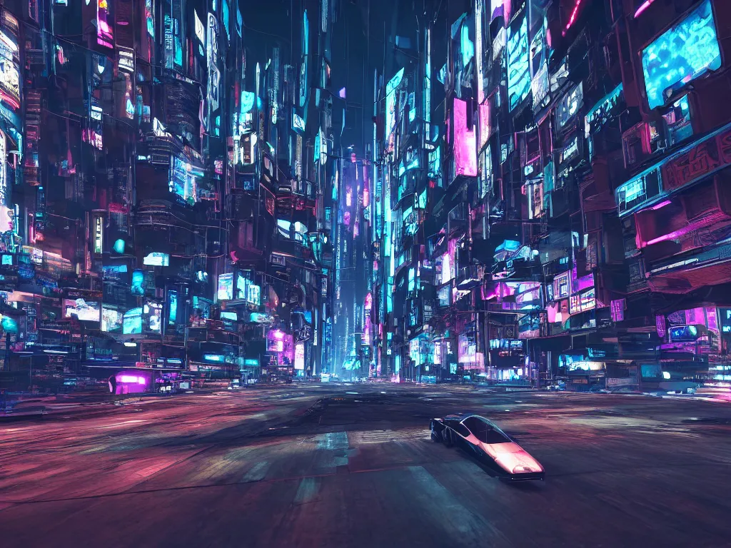 Image similar to vehicle flying through a cyberpunk city 4 k, hyper detailed