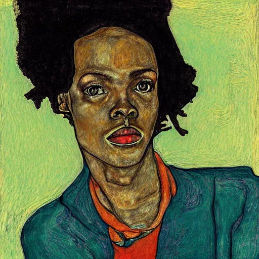 Image similar to portrait of lauryn hill by egon schiele in the style of egon schiele