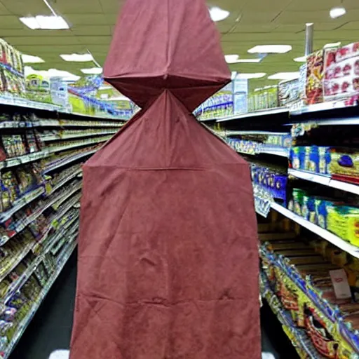 Image similar to pyramid head from silent hill shopping at a grocery store