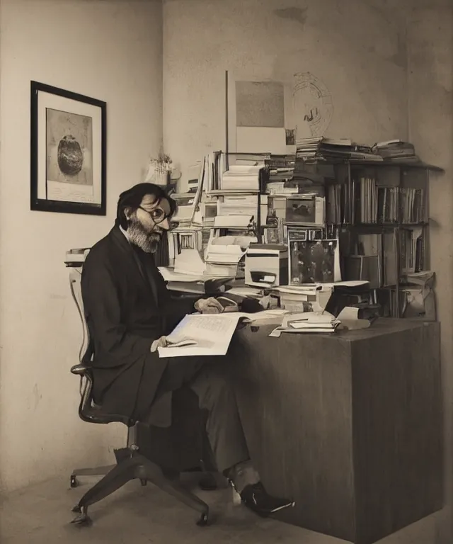 Prompt: a color photograph of majid sadeghi in his office, by thomas ruff, intense, bold, hyperrealistic, ultra sharp, extra details, ultra high quality, trending on pinteresst