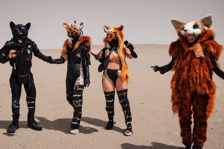 Image similar to furry convention on mars, animal costumes, 8 k photography, cyberpunk