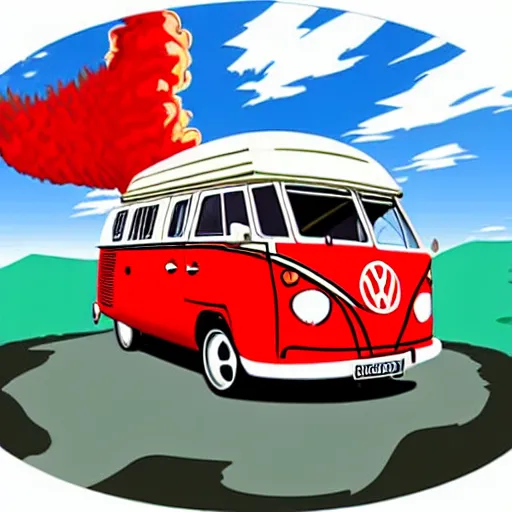 Image similar to a caricature drawing of a vw volkswagen bus, camper, bulli, type - 2, microbus, kombi, flying towards the camera, jumping at the viewer, dynamic action shot, fish - eye lense, frontal, a vulcano is erupting in the background