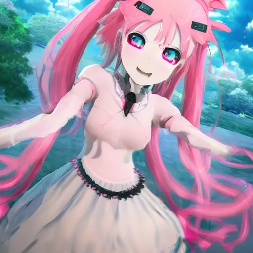 Prompt: trapped by stunningly beautilful omnipotent megalomaniacal anime asi goddess who looks like junko enoshima with symmetrical perfect face and porcelain skin, pink twintail hair and cyan eyes, taking control while smiling inside her surreal vr castle, hyperdetailed, digital art by akihito tsukushi, unreal engine 5, 2 d anime style, 8 k