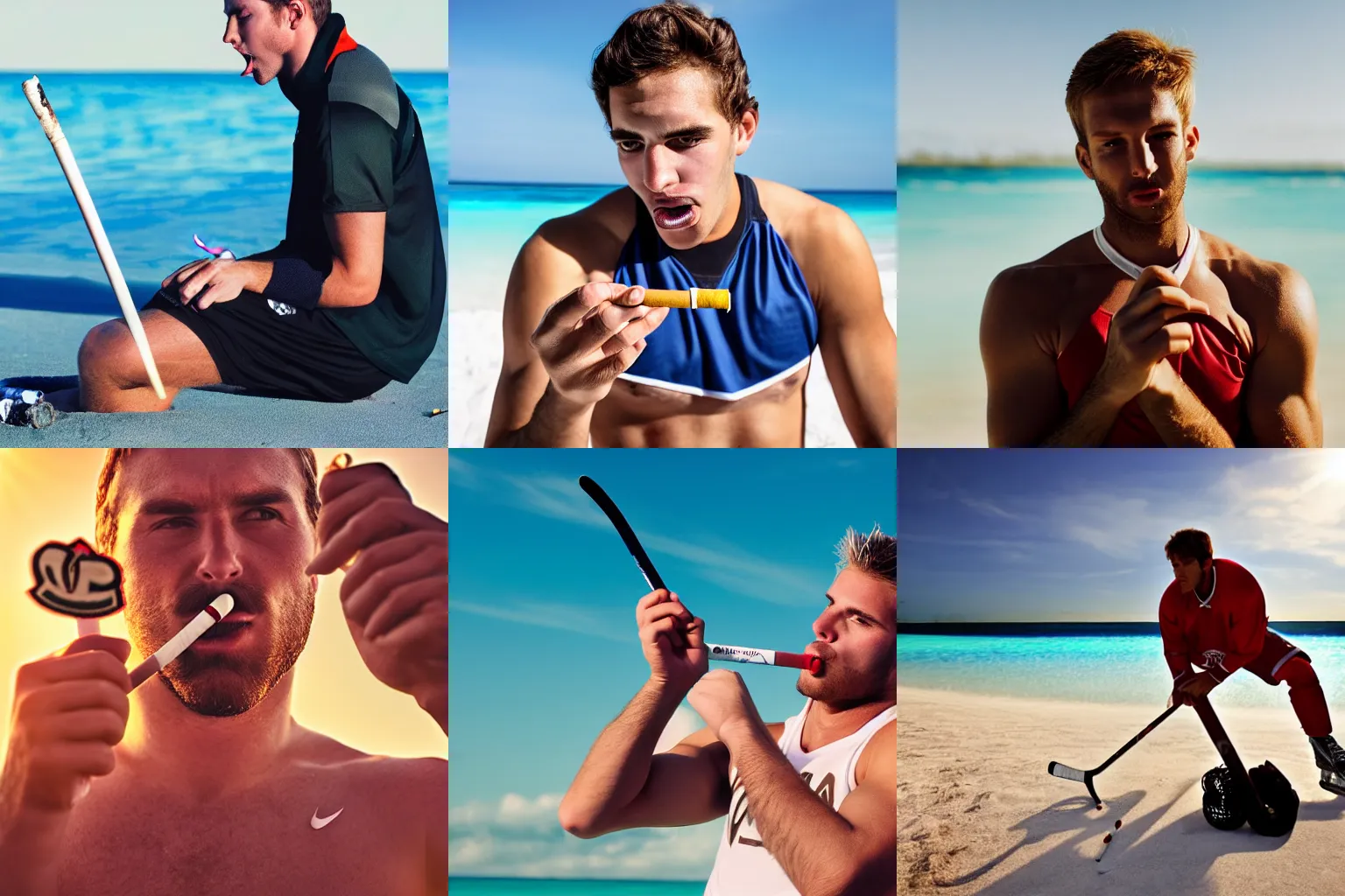 Prompt: A male Hockeyplayer wearing full hockey gear lies in a sunbed on the beach in bahamas, smoking a cigarette, cigarette smoker, he is holding a lit cigarette in his hand, he is blowing smoke with his mouth, symmetric face, beautiful face, cinematic lighting, cinematic composition