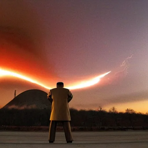 Image similar to nuclear explosion with kim jong un standing in the background