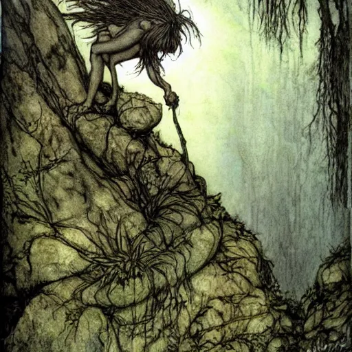 Image similar to a troll on a rock in a forest, dramatic lighting, fluid, smooth, bright, colours, high contrast, sharpness, very detailed, intricate, by briand froud and arthur rackham and john bauer