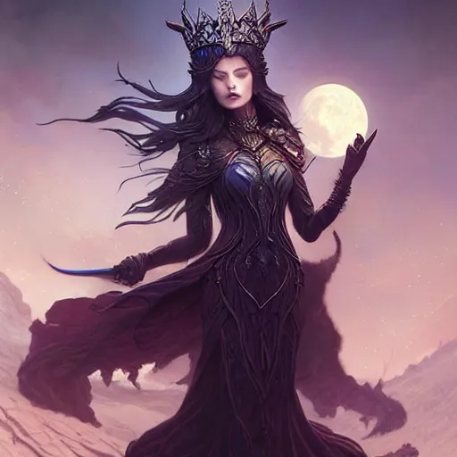 Image similar to lunar queen, fine art, awesome fantasy book cover on pinterest, award winning, dark fantasy landscape, fantasy magic, intricate, elegant, sharp focus, cinematic lighting, highly detailed, digital painting, concept art, art by wlop and artgerm and greg rutkowski, masterpiece, trending on artstation, 8 k