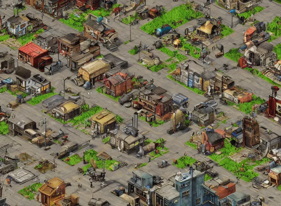 Prompt: Screenshot of a modern Polish village in Fallout 2 (1998), isometric perspective, postapocalyptic, bird's eye view, prerendered isometric graphics, high quality