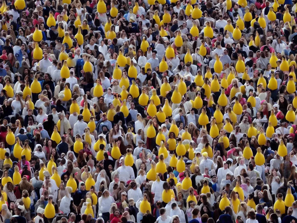 Image similar to 10,100 humans wearing angel costumes. they look up at the sky. they look at the viewer in joy. there is egg yolk in the middle of the crowd.