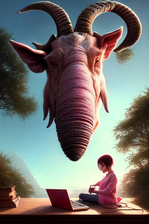 Image similar to highly detailed portrait of a goat pig hybrid with pink elephant trunk working on a computer, stephen bliss, unreal engine, fantasy art by greg rutkowski, rhads, ferdinand knab, makoto shinkai and lois van baarle, ilya kuvshinov, rossdraws, tom bagshaw, global illumination, radiant light, red blue theme, pine forest