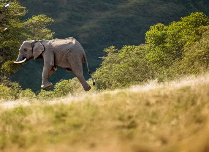 Image similar to dslr photo still of an elephant leaping off a mountain flying through the air, 4 k, 1 2 0 mm f 1 6