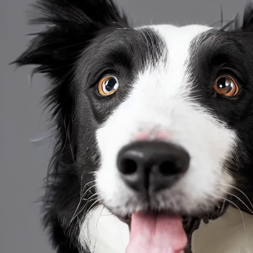 Prompt: wide angle close up photo of a border collie. Studio lighting. White background.