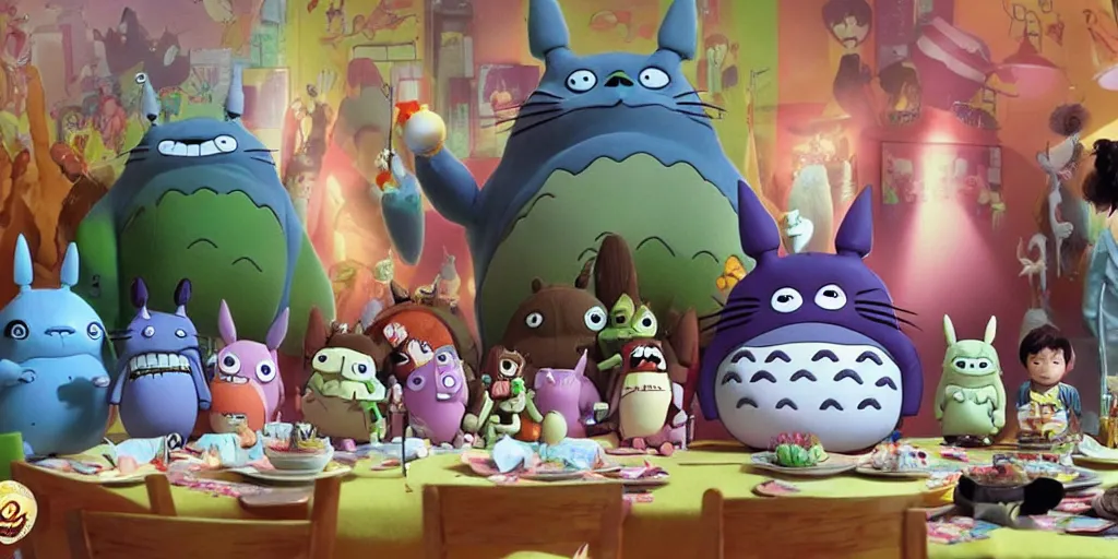 Image similar to totoro's brithday party, aliens of the toy story say happy birthday, style of hayao miyazaki, cinematic light, warm, elegant