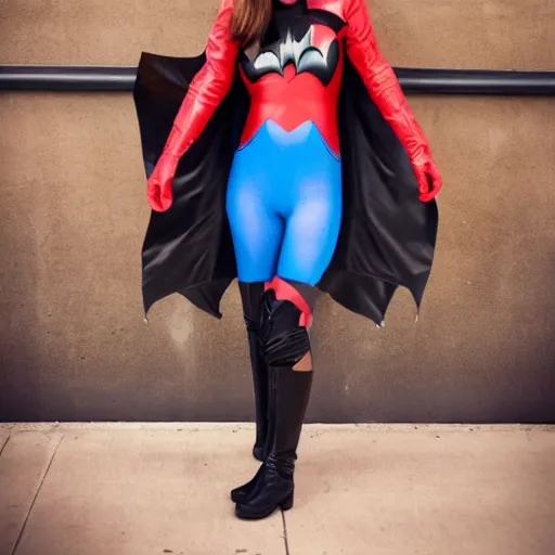 Prompt: zooey channel as batwoman, tight outfit, cute pose, Gotham city in the backround photo