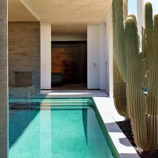 Prompt: modern desert pavilion interior looking out of large pivoting doors into expansive pool and vista with cacti