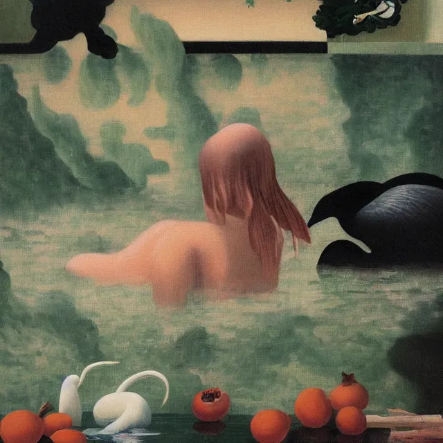 Image similar to female emo art student in her bath, painting of flood waters inside an artist's feminine bathroom, a river flooding indoors, pomegranates, pigs, ikebana, water, octopus, river, rapids, waterfall, black swans, canoe, berries, acrylic on canvas, surrealist, by magritte and monet