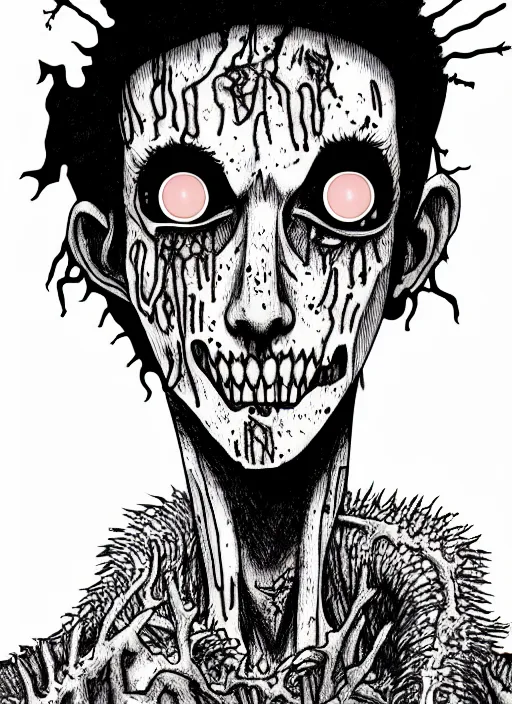 Image similar to junji ito style portrait of zombie teenage jughead jones wearing a light grey crown, zombie, crown, rotting skin, blind eyes, white eyes, crown, black hair, intricate, highly detailed, illustration, art by junji ito