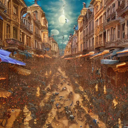 Image similar to gigantic ants walking through the center of a town, extreme detail, abstract realism, highly ornate intricate details, 1 9 2 0's colored pencil, 4 k, cinematic lighting,