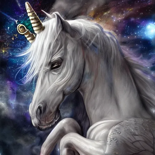 Image similar to a wlop 3 d render of very very very very highly detailed beautiful mystic portrait of a phantom undead unicorn with whirling galaxy around, tattoos by anton pieck, intricate, extremely detailed, digital painting, artstation, concept art, smooth, sharp focus, illustration, intimidating lighting, incredible art,