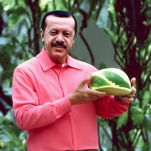 Image similar to recep tayyip erdogan smiling holding watermelon for a 1 9 9 0 s sitcom tv show, studio photograph