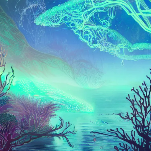 Prompt: an underwater alien ocean, filled with bioluminescence, twirling glowing sea plants, neon colors, and a mystical misty glow, ethereal, detailed, fantasy illustration
