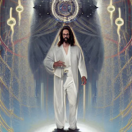 Image similar to A surreal portrait of a singular cyberpunk Jesus, wearing a white tuxedo, transcending through portals to eternity, surrounded by fiery orbs, gears, and clocks, by Salvador Dali and Greg Rutkowski, trending on artstation